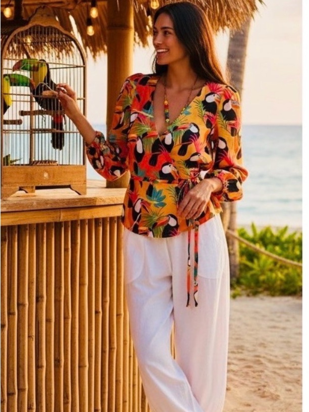 FARM Rio Tropical Toucan Wrap Blouse in Orange, Black, White, Pink